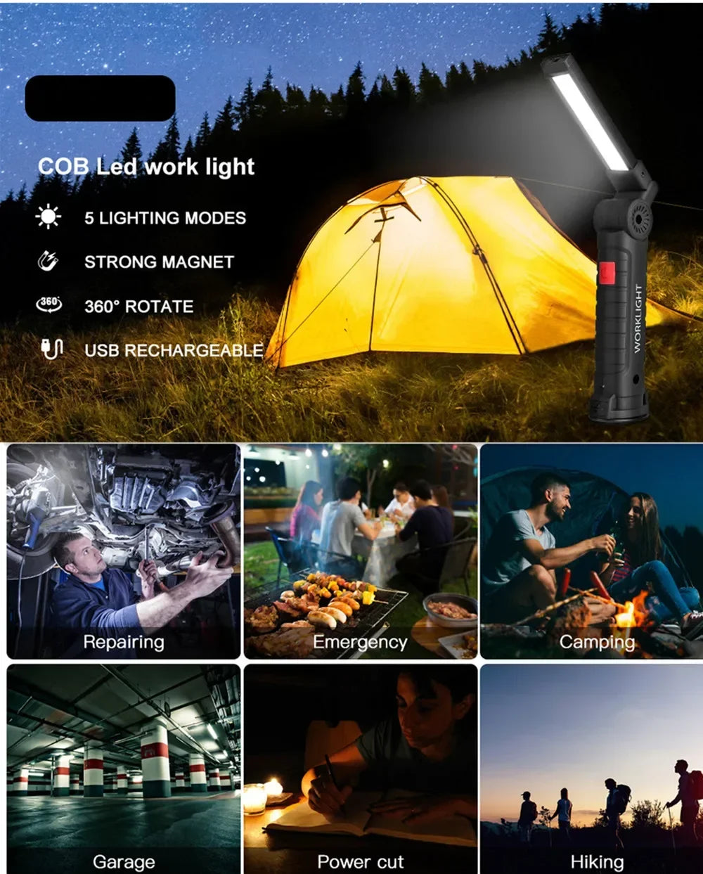 Portable COB LED Flashlight – USB Rechargeable Magnetic Work & Camping Lantern